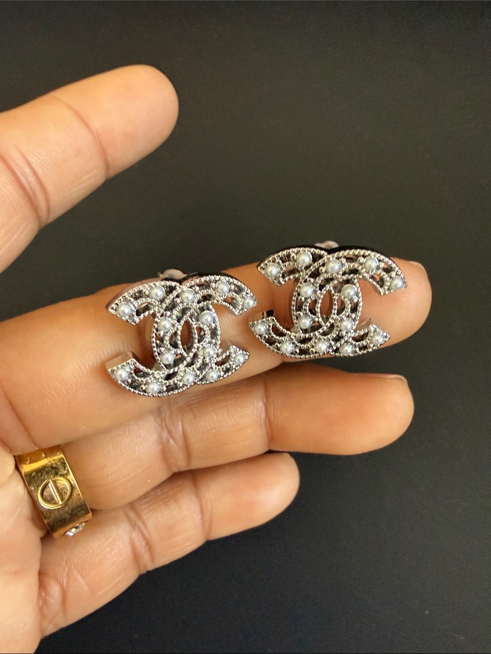 LAST ONE  Upcycled Silver Crystal Double C Logo Stud Earrings